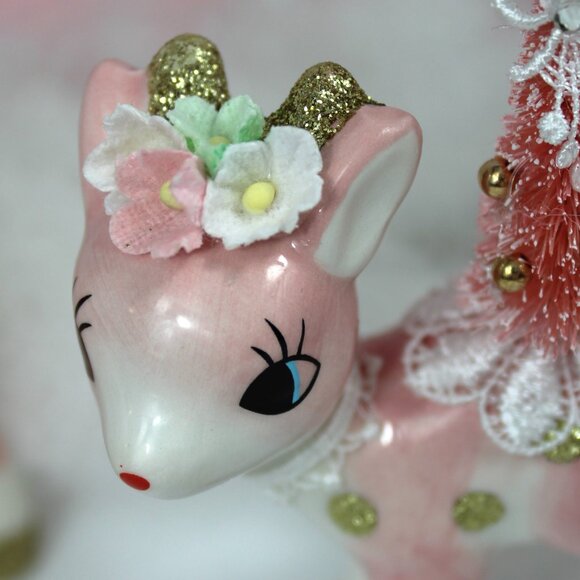 Pink Deer & Bottle Brush Tree Figurine: Vintage Style Christmas Decor - Picture 5 of 10